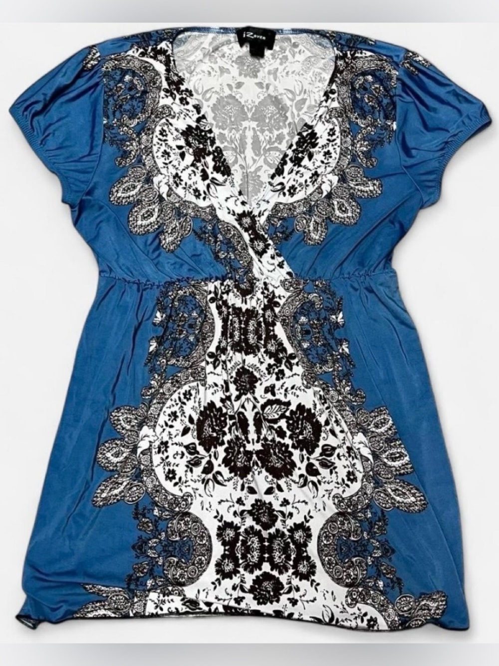 IZ Byer Short Sleeve Blue Wrap Blouse with Paisley